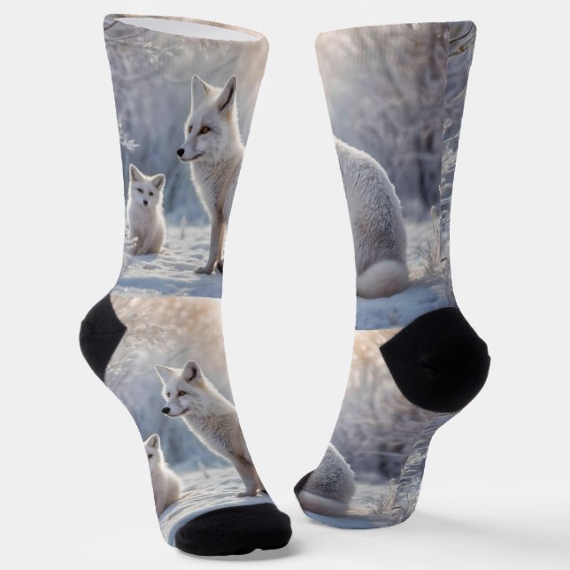 "Frosted Bonds: The Arctic Fox and Her Cub" Socks (Angled)
