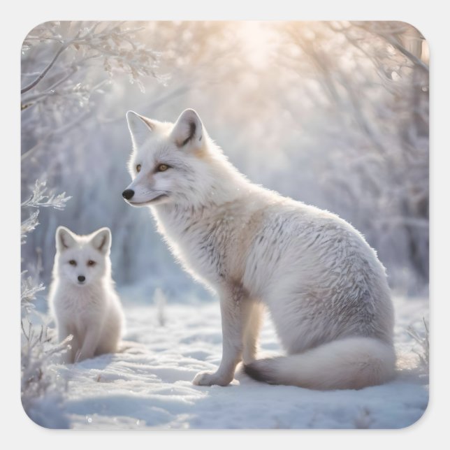 "Frosted Bonds: The Arctic Fox and Her Cub" Square Sticker (Front)