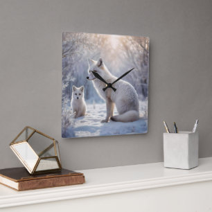 "Frosted Bonds: The Arctic Fox and Her Cub" Square Wall Clock
