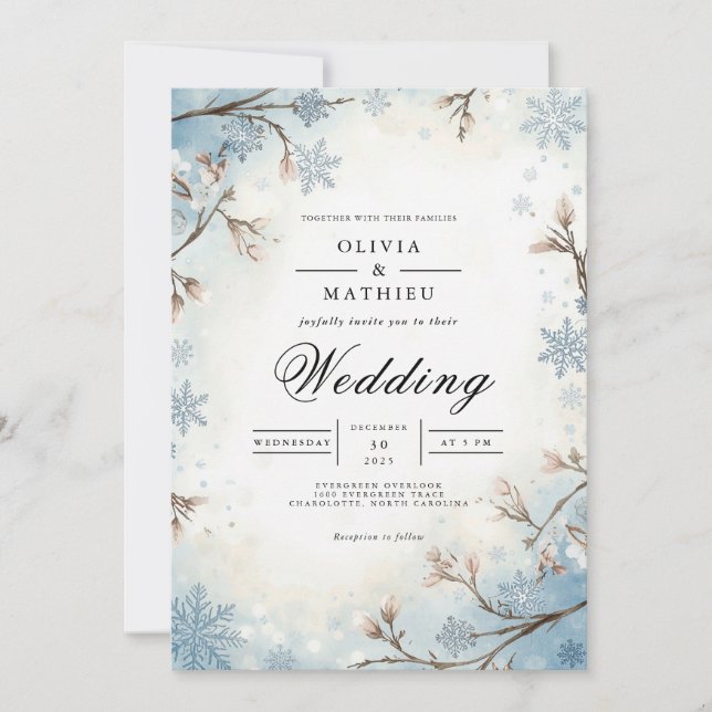 Frosted Branches Blue Winter Wedding Invitation (Front)