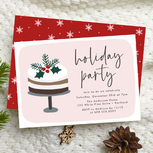 Frosted Cake with Holly Pink & Red Holiday Party Invitation