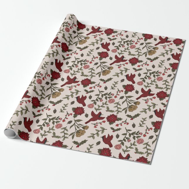Frosted Cardinal Dance Wrapping Paper (Unrolled)