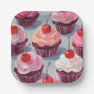Frosted Cherry Cupcakes Birthday Celebration Paper Plate