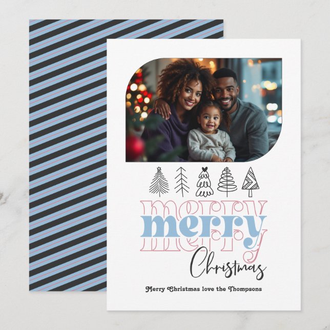Frosted Dawn Modern Retro Doodle Christmas Photo Holiday Card (Front/Back)