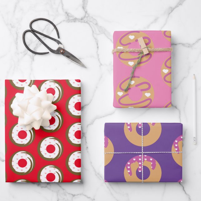 Frosted Dripping Doughnuts Hearts Pattern Wrapping Paper Sheet (Front)