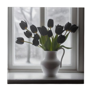 "Frosted Elegance: Black Tulips in a White Vase Ceramic Tile