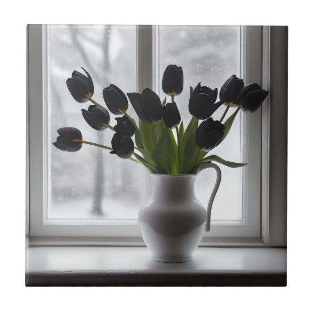 "Frosted Elegance: Black Tulips in a White Vase Ceramic Tile (Front)