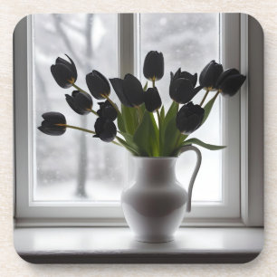 "Frosted Elegance: Black Tulips in a White Vase Coaster