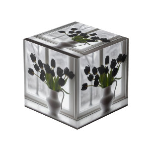 "Frosted Elegance: Black Tulips in a White Vase Cube