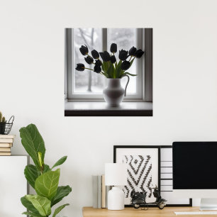 "Frosted Elegance: Black Tulips in a White Vase Poster