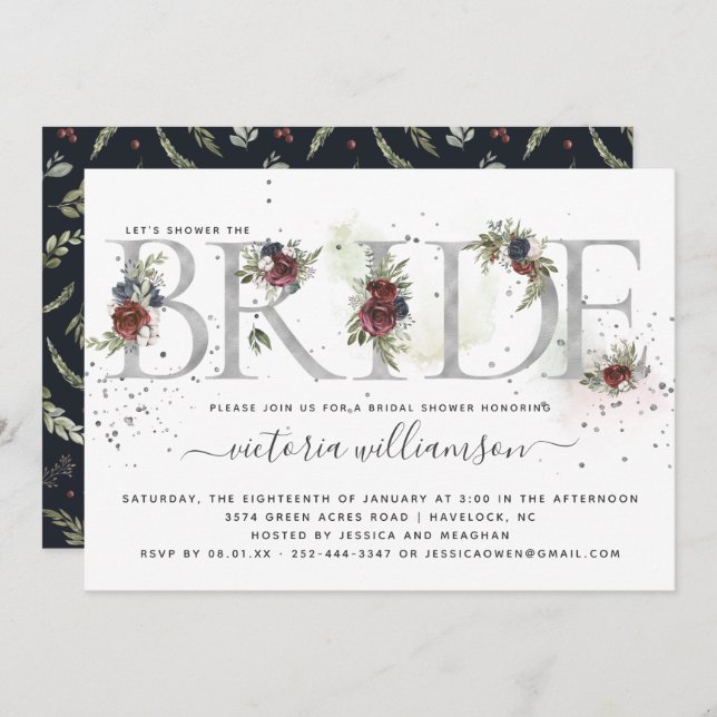 Frosted Floral Silver Winter Bridal Shower Invitation (Front/Back)