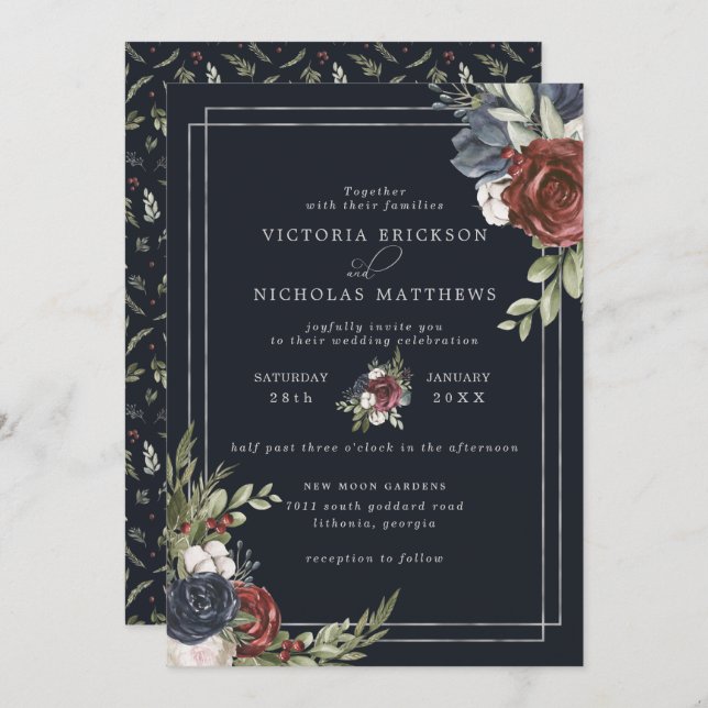 Frosted Florals | Winter Botanical Wedding Invitation (Front/Back)