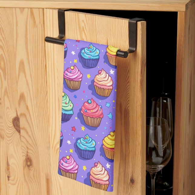 Frosted Fun Cupcake Pattern: Whimsical Bakery  Tea Towel (Thirds Fold)