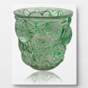 Frosted Green Art Deco glass vase with Roses. Plaque