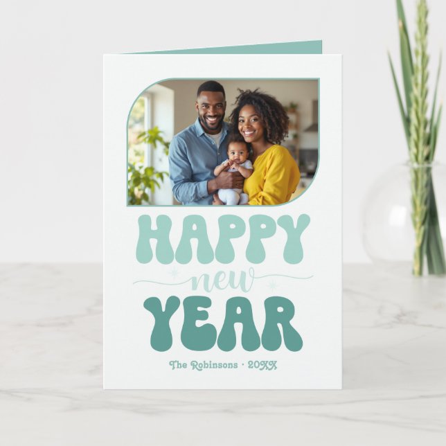 Frosted Mint Happy New Year Retro Groovy Photo Holiday Card (Front)