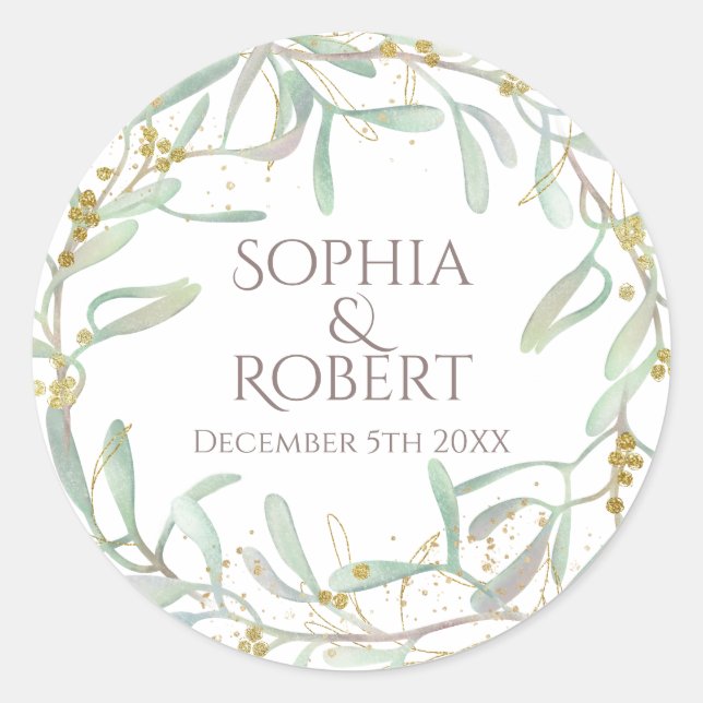 Frosted Mistletoe Winter Wedding Classic Round Sticker (Front)