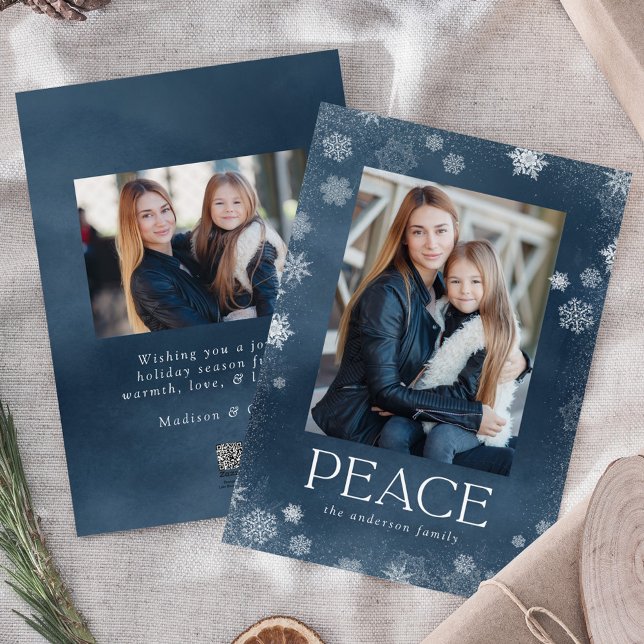 Frosted Peace Navy Watercolor Holiday Photo Card (Creator Uploaded)