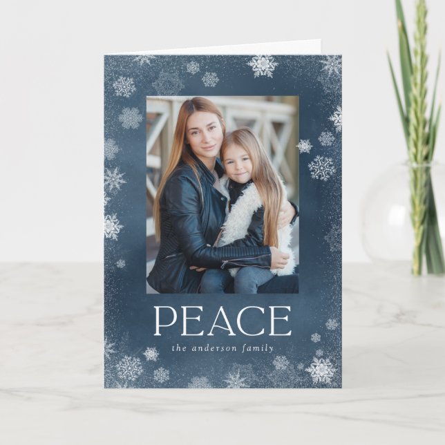 Frosted Peace Navy Watercolor Holiday Photo Card (Front)