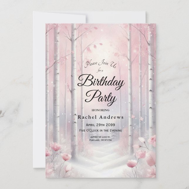 Frosted Petals in a Winter Woodland Birthday Party Invitation (Front)