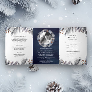 Frosted Pine Leaves Winter Navy Blue Wedding Tri-Fold Invitation