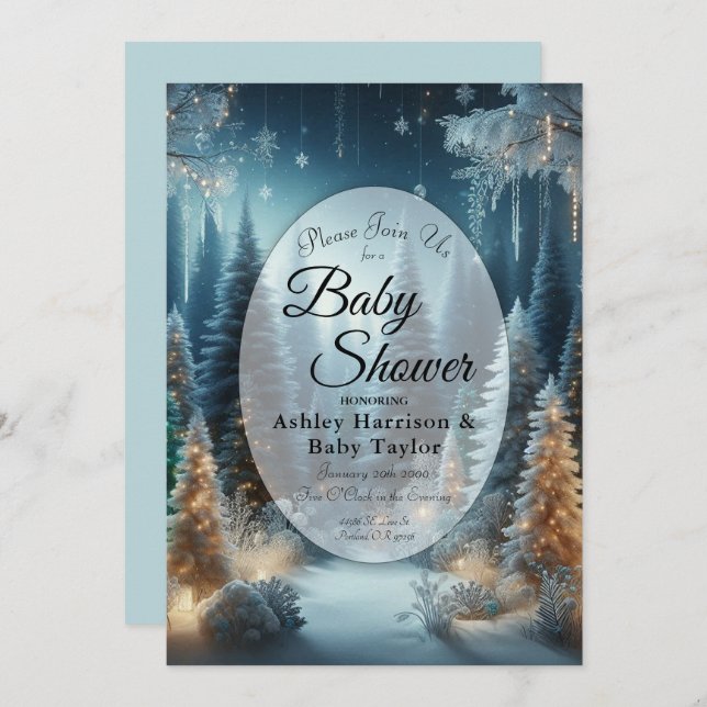 Frosted Pines in Winter Glow Baby Shower Invitation (Front/Back)