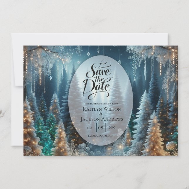 Frosted Pines in Winter Glow Wedding Save The Date (Front)