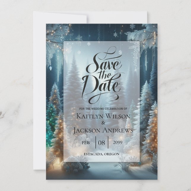 Frosted Pines in Winter Glow Wedding Save The Date (Front)