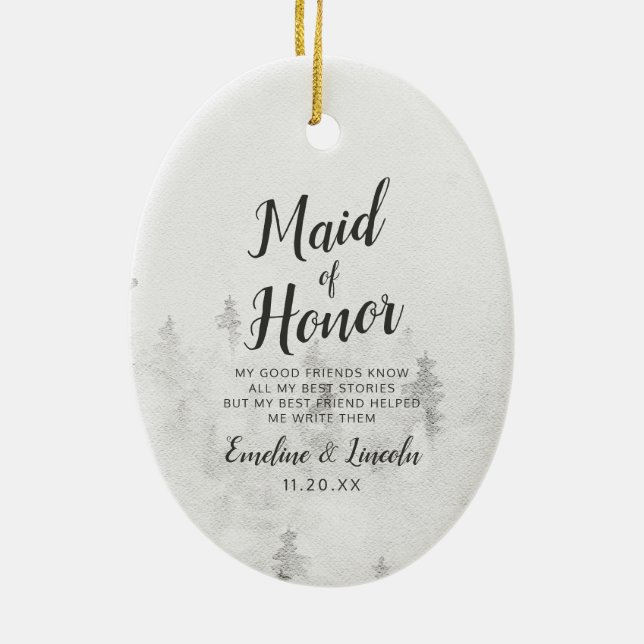 Frosted Pines Rustic White Maid of Honour Quote Ceramic Ornament (Back)