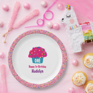 Frosted Pink Sprinkles Cupcake Birthday Paper Plate