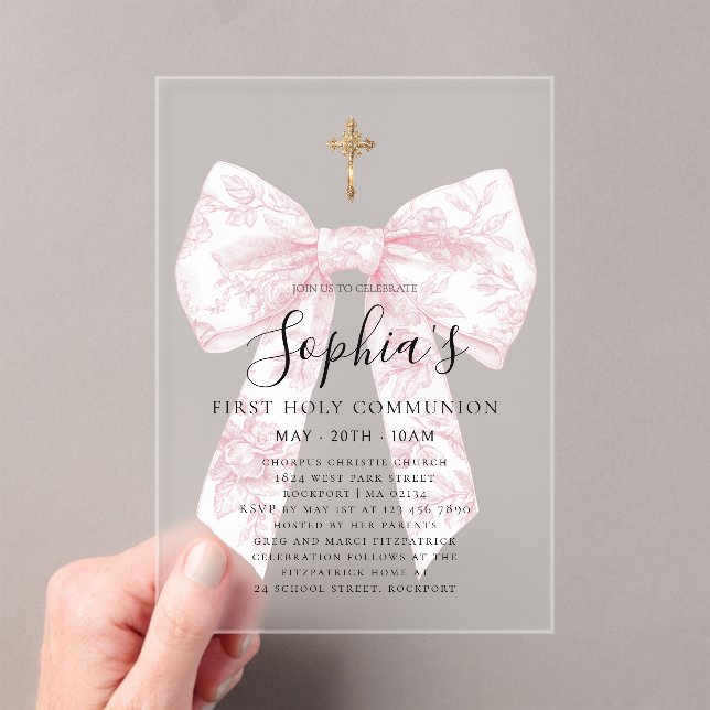 FROSTED Pink Toile Bow Cross Girl First Communion Acrylic Invitations (Insitu (Handheld))