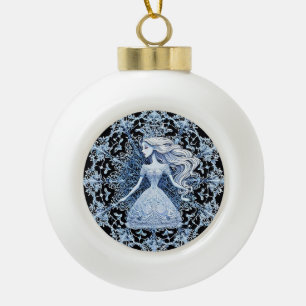 Frosted Princess Surrounded by Intricate Snowflake Ceramic Ball Christmas Ornament
