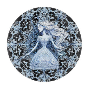 Frosted Princess Surrounded by Intricate Snowflake Cutting Board