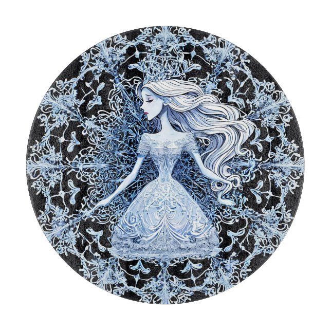 Frosted Princess Surrounded by Intricate Snowflake Cutting Board (Front)