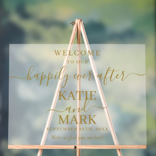 Frosted Script Happily Ever After Gold Welcome Acrylic Sign