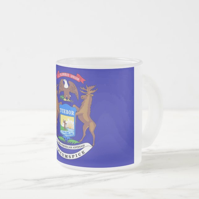Frosted small glass mug with flag of Michigan (Front Right)