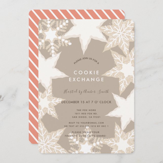 Frosted Snowflakes Brown Cookie Exchange Party Invitation (Front/Back)