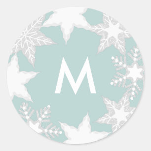 Frosted Snowflakes Light Blue Monogram Holiday Classic Round Sticker