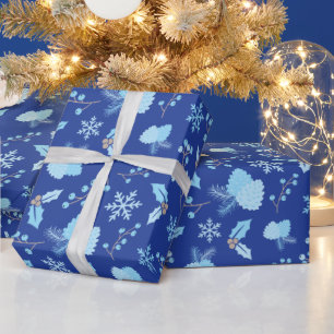 Frosted Snowflakes Pinecones Mistletoe Dark Blue Wrapping Paper