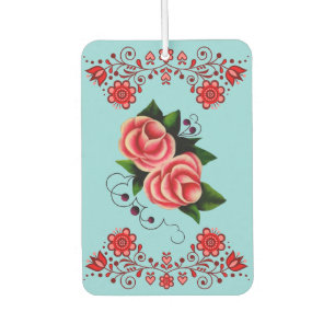 Frostrosen Folk floral flower design on blue  Car Air Freshener
