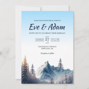 Frosty Alpine Mountain Watercolor Winter Wedding Invitation