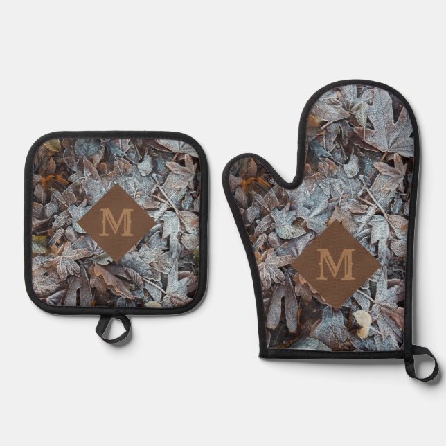 Frosty Autumn Leaves Monogram Oven Mitt & Pot Holder Set (Front)