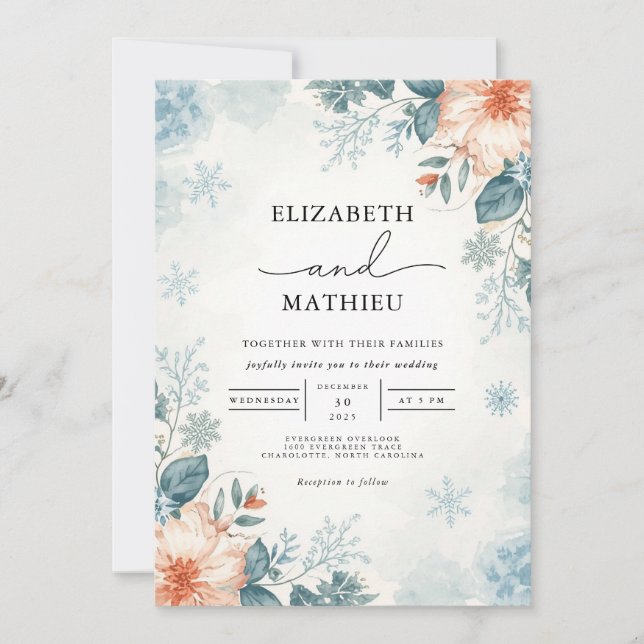 Frosty Bloom Floral Winter Wedding Invitation (Front)