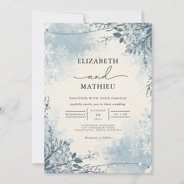 Frosty Blue Botanical Winter Wedding Invitation (Front)