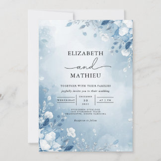 Frosty Blue Floral Wash Wedding Invitation
