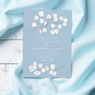 Frosty Blue Silver greenery Eucalyptus Wedding  Invitation