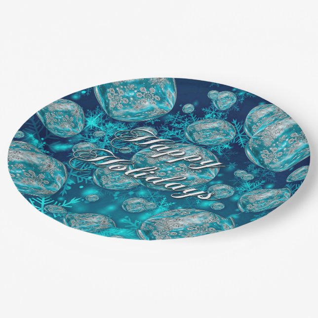 Frosty Blue Snowflake Bubbles Holiday Paper Plates (Angled)