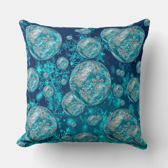 Frosty Blue Snowflake Bubbles Holiday Throw Pillow (Front)