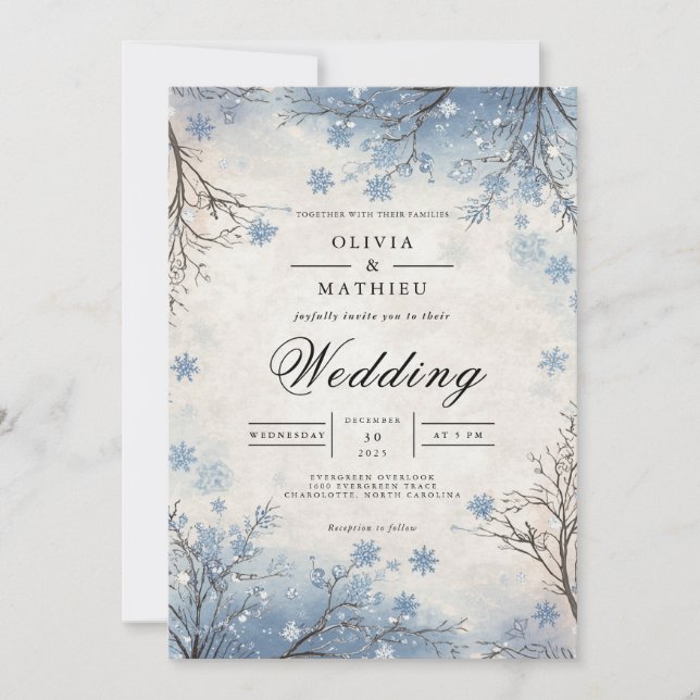 Frosty Blue Winter Branch Wedding Invitation (Front)