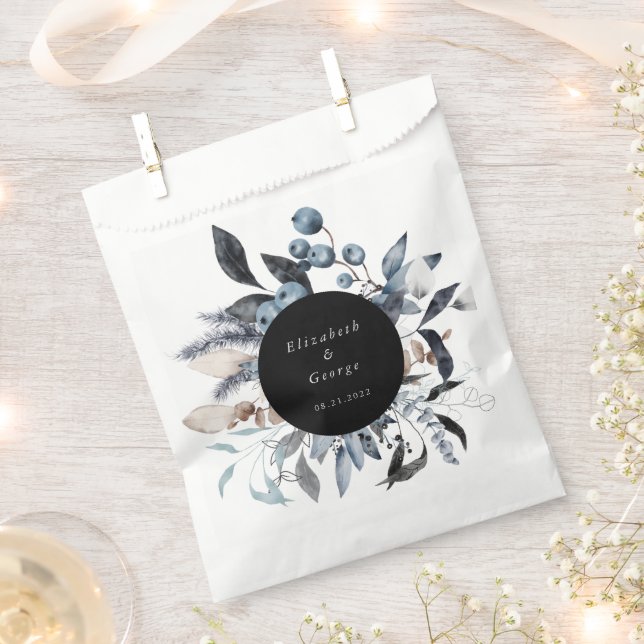 Frosty Blue Winter Floral Monogram Wedding Favour Bag (Clipped)