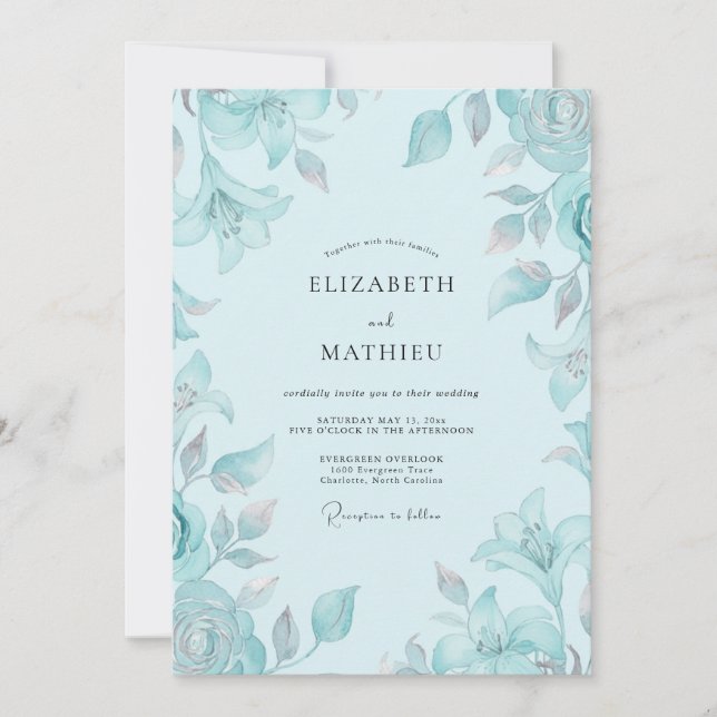 Frosty Cerulean Leafy Wedding Invitation (Front)